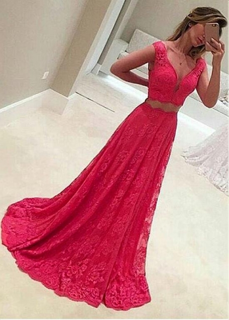 Eye-catching Lace V-neck Neckline Two-piece A-line Evening Dresses