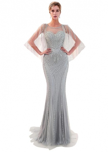Fantastic Tulle Jewel Neckline Natural Waistline Mermaid Formal Dress With Beadings