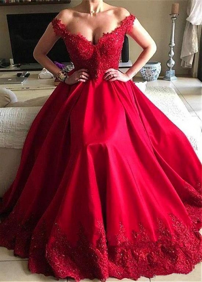 Gorgeous Red Off- the-shoulder Neckline A-Line Evening Dress With Beaded Lace Appliques