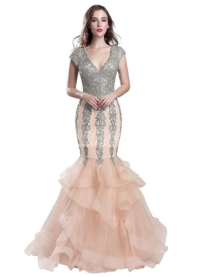 Attractive Tulle V-neck Neckline Mermaid Prom Dress With Beaded Lace Appliques