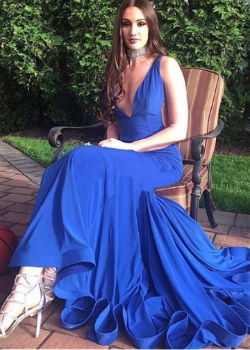 Gorgeous Royal Blue V-neck Neckline Mermaid Prom Dress