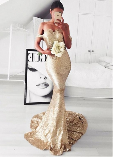 Sparkling Sequin Lace Off-the-shoulder Neckline Mermaid Evening Dress