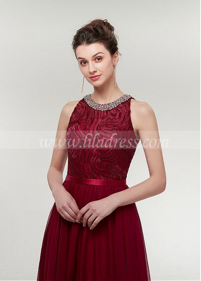 Wonderful Chiffon & Lace Jewel Neckline A-line Prom Dress With Beadings