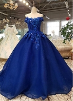 Junoesque Tulle Off-the-shoulder Neckline Ball Gown Formal Dress With Handmade Flowers & Beadings & Lace Appliques