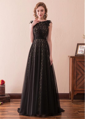 Charming Lace & Tulle Bateau Neckline A-line Evening Dress With Beadings