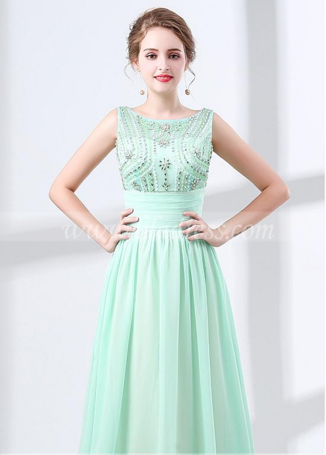 Chiffon Jewel Neckline A-line Prom Dress With Beadings & Bowknot