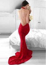 Showy Lace Halter Neckline Backless Mermaid Evening Dresses