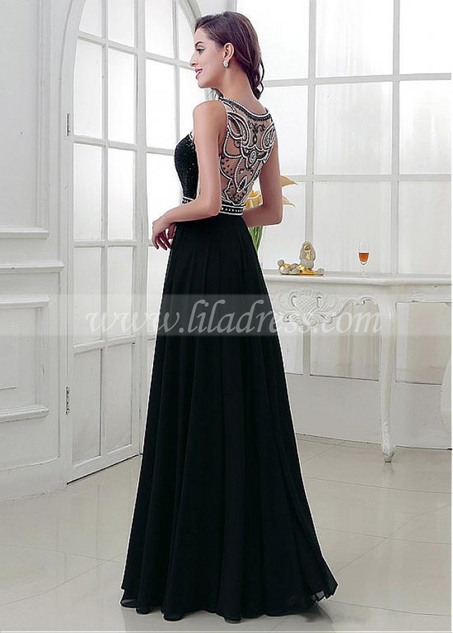 Attractive Chiffon Bateau Neckline A-Line Prom Dresses With Beadings