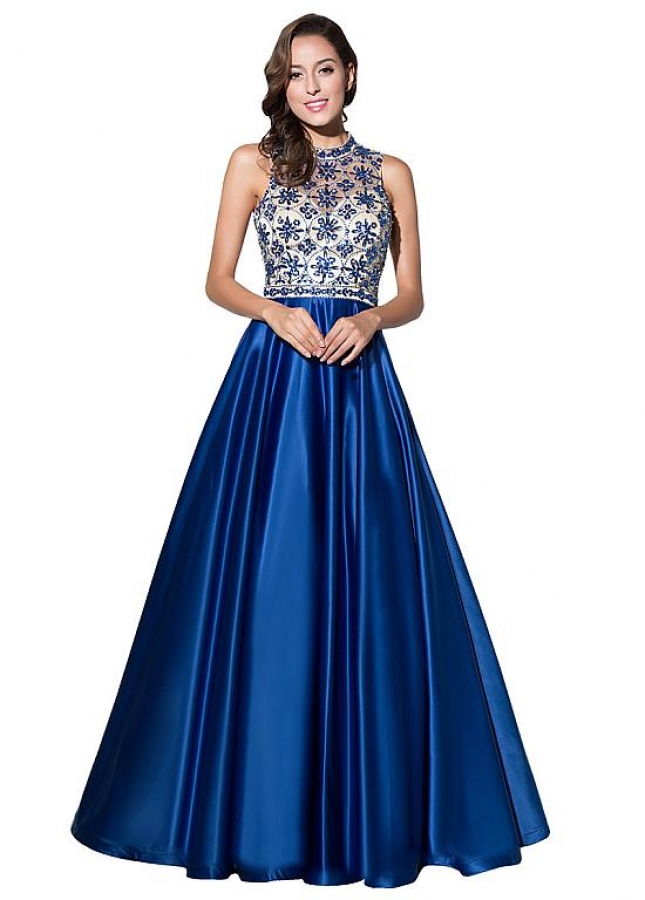 Fantastic Tulle & Satin Illusion High Neckline A-Line Prom Dresses With Beadings
