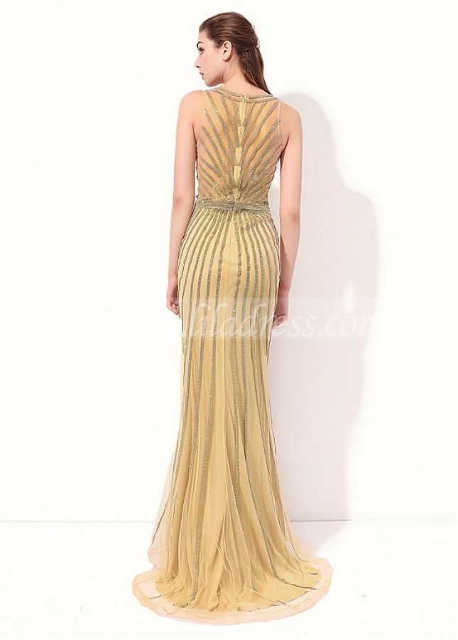 Fantastic Tulle Scoop Neckline Sheath Evening Dresses With Beadings