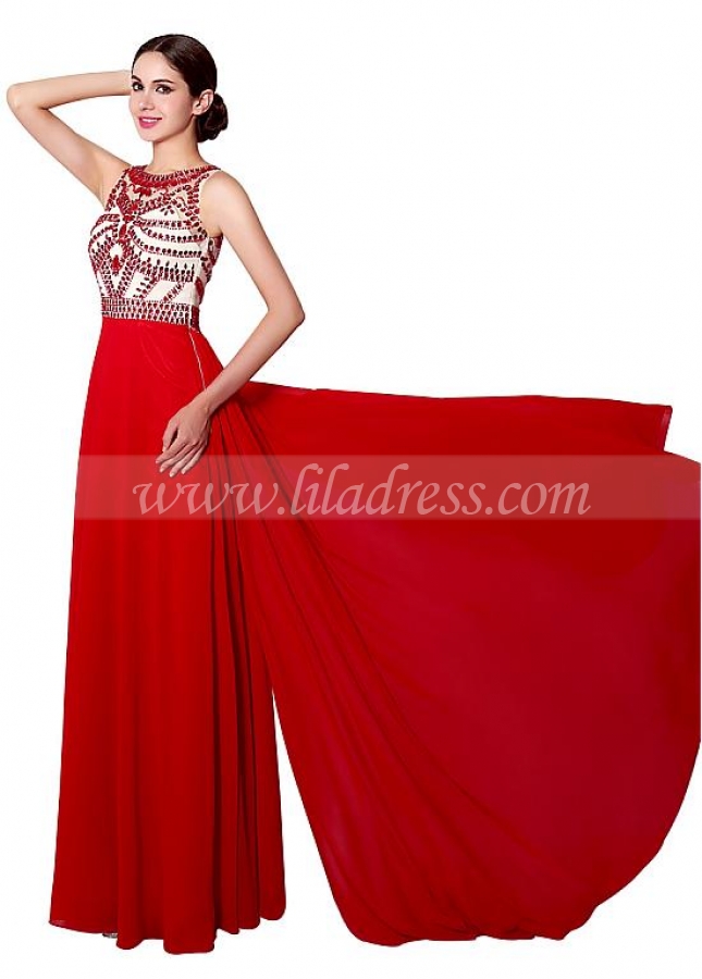 Alluring Chiffon Jewel Neckline A-line Prom Dresses With Beadings