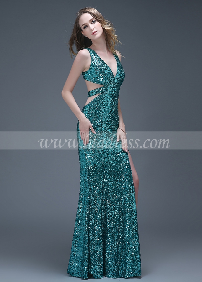 Shining Sequin Lace V-neck Neckline Full-length Mermaid Evening Dresses