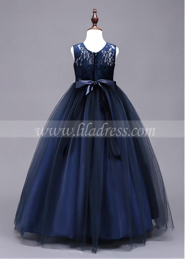 Elegant Tulle & Lace Jewel Neckline Full-length A-line Flower Girl Dress With Bowknot