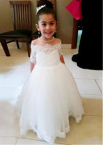 Splendid Tulle Off-the-shoulder Neckline Ball Gown Flower Girl Dresses With Lace Appliques