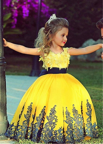 Lovely Satin & Tulle Jewel Neckline Ball Gown Flower Girl Dress With Lace Appliques & Belt
