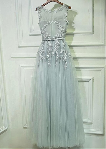 Charming Tulle Jewel Neckline A-line Silver Bridesmaid Dress