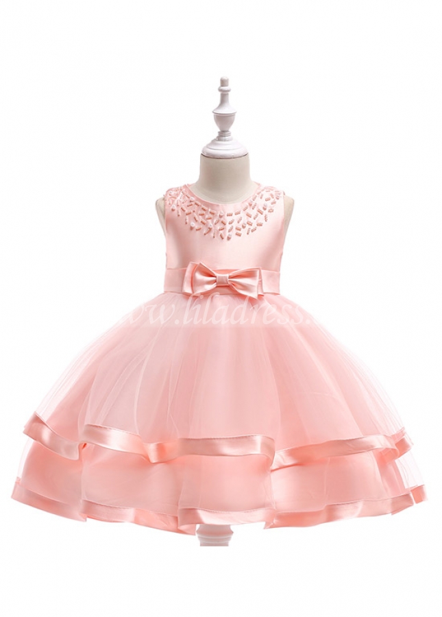 Cute Satin & Tulle Jewel Neckline A-line Flower Girl Dresses With Beadings