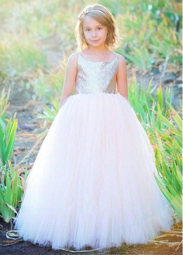 Pretty Sequin Lace & Tulle Scoop Neckline Ball Gown Flower Girl Dresses