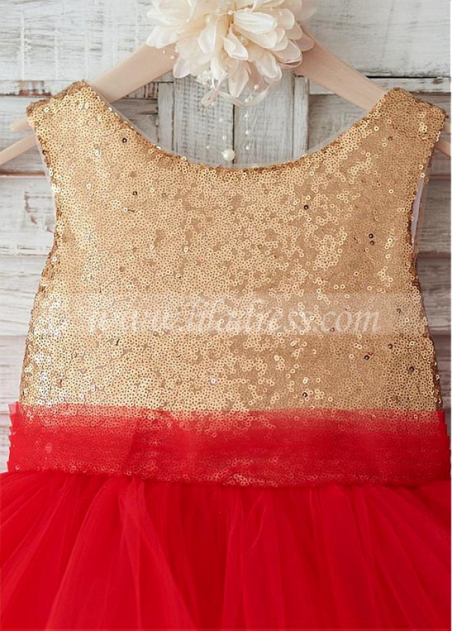 Glamorous Tulle & Sequin Lace Scoop Neckline Knee-length Ball Gown Flower Girl Dresses With Bowknot
