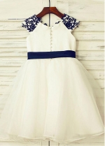 Wonderful Tulle & Satin Scoop Neckline Cap Sleeves A-line Flower Girl Dresses With Lace Appliques & Belt