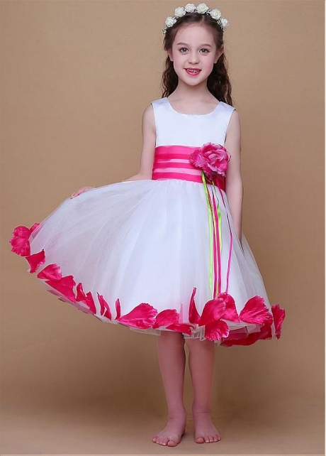 Glamorous Satin & Organza Scoop Neckline Ball Gown Flower Girl Dresses With Handmade Flowers