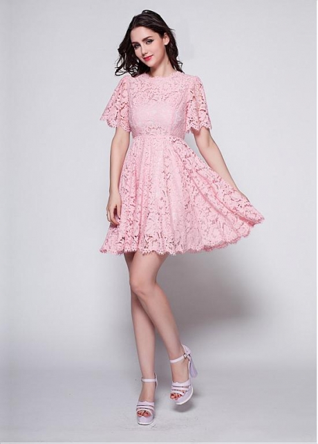 Elegant Lace High Neckline A-Line Pink Homecoming / Sweet 16 Dress
