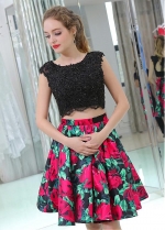 Excellent Scoop Neckline A-line Two-piece Print Homecoming Dresses With Beaded Lace Appliques
