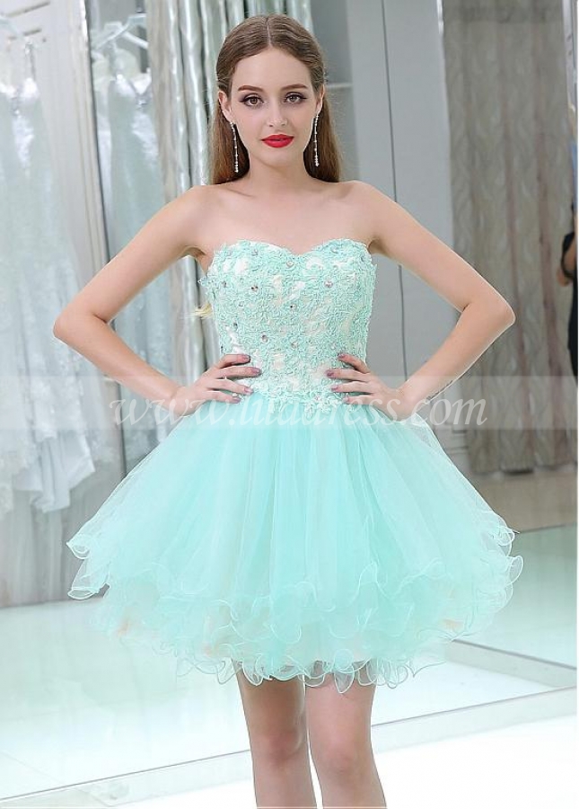 Unique Tulle Sweetheart Neckline Short Length Homecoming / Sweet 16 Dresses With Beaded Lace Appliques
