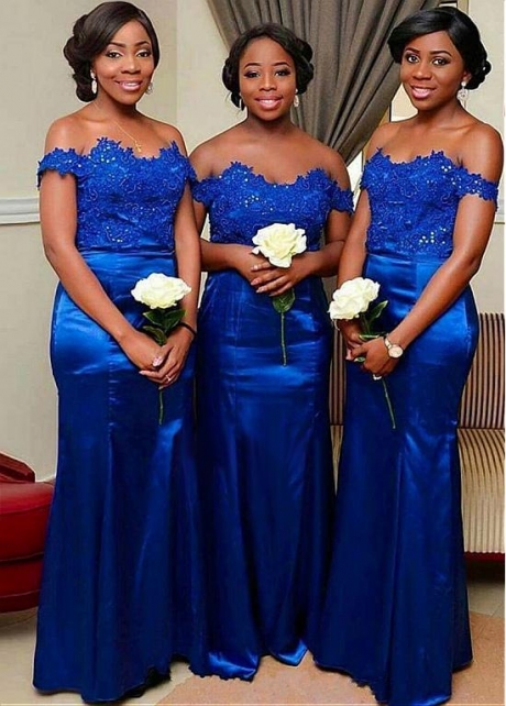 Romantic Satin Off-the-shoulder Neckline Full-length Mermaid Bridesmaid Dresses With Beaded Lace Appliques