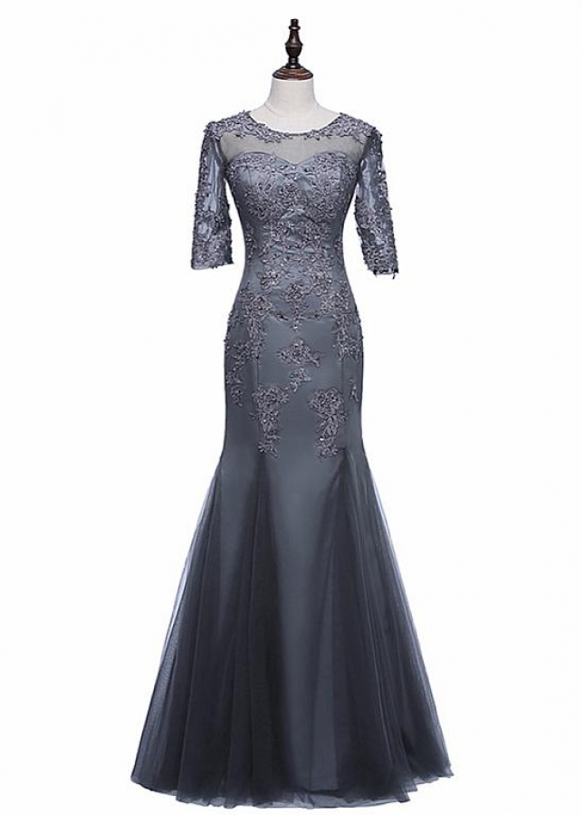 Gorgeous Tulle Jewel Neckline Mermaid Mother Of The Bride Dresses With Beaded Lace Appliques