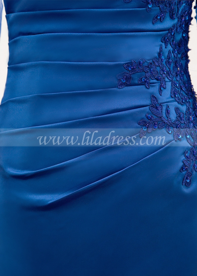Fabulous Tulle & Satin Asymmetrical Neckline Sheath Mother Of The Bride Dress With Beaded Lace Appliques