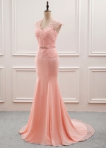 Fantastic Tulle & Chiffon V-neck Neckline Mermaid Mother Of The Bride Dress With Beaded Lace Appliques