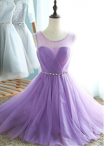 Simple Tulle Scoop Neckline Natural Waistline Knee-length A-line Bridesmaid Dress With Beadings
