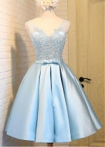 Cute Satin V-neck Neckline SkyBlue A-line Bridesmaid / Sweet 16 Dress