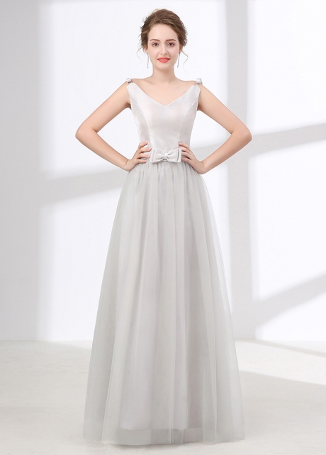 Junoesque Tulle & Satin V-neck Neckline A-line Bridesmaid Dress With Bowknots & Pleats