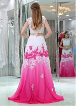 Amazing Tulle & Chiffon Jewel Neckline Floor-length A-line Two-piece Prom Dresses With Beaded Lace Appliques