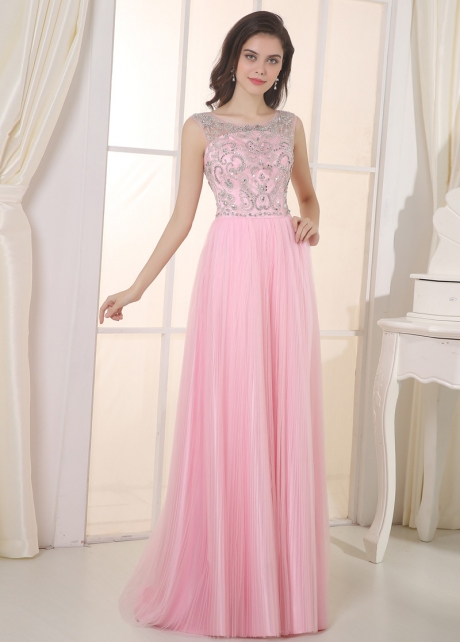 Elegant Tulle & Stretch Satin Bateau Neckline A-Line Prom Dresses