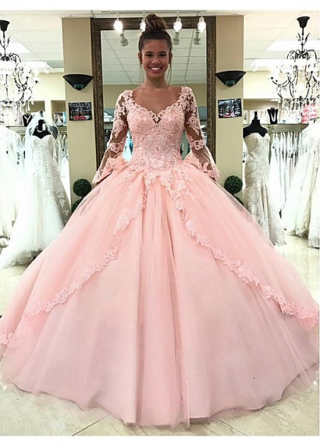 Charming Tulle V-neck Neckline Floor-length Ball Gown Quinceanera Dresses With Beadings & Lace Appliques