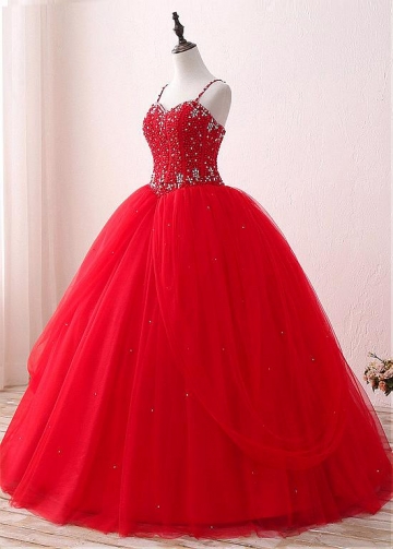 Alluring Tulle & Satin Spaghetti Straps Neckline Floor-length Ball Gown Quinceanera Dresses With Beadings