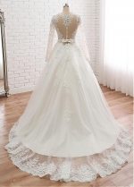 Stunning Tulle Jewe Neckline A-line Wedding Dress With Beaded Lace Appliques & Belt