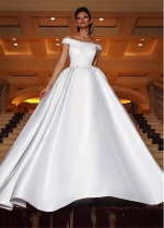Eye-catching Satin Off-the-shoulder Neckline Ball Gown Wedding Dress With Beaded Lace Appliques