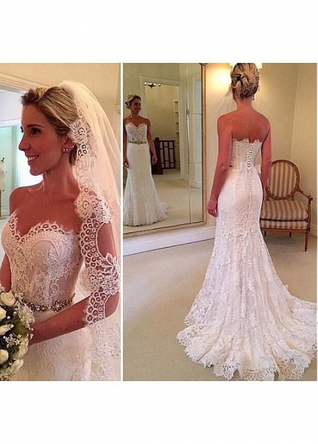 Attractive Lace Sweetheart Neckline Natural Waistline Mermaid Wedding Dress With Lace Appliques & Belt
