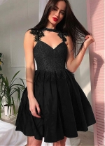 Chic Romantic Lace & Satin Spaghetti Straps Neckline Short A-line Homecoming Dress