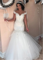 Modest Tulle & Satin Jewel Neckline Mermaid Wedding Dresses With Beaded Lace Appliques & Handmade Flowers