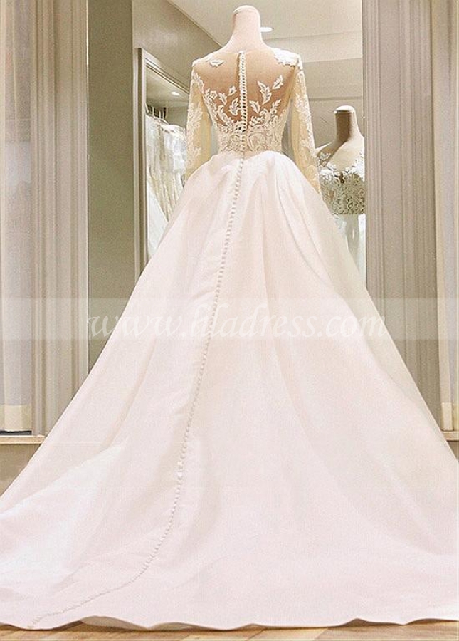 Lavish Tulle & Satin Jewel Neckline Ball Gown Wedding Dresses With Lace Appliques & Beadings