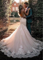 Modest Tulle Spaghetti Straps Neckline Mermaid Wedding Dresses With Beaded Lace Appliques