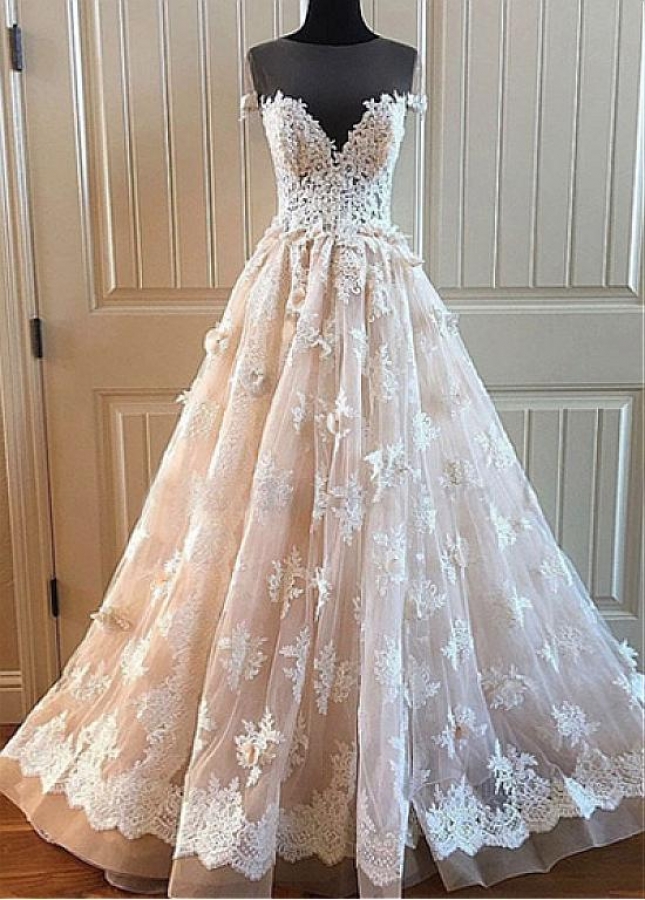 Modest Tulle Jewel Neckline Floor-length A-line Wedding Dresses With Beaded Handmade Flowers & Lace Appliques