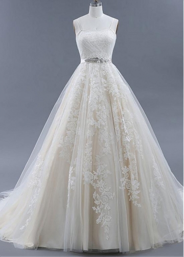 Graceful Tulle Spaghetti Straps Neckline A-line Wedding Dresses With Lace Appliques & Belt