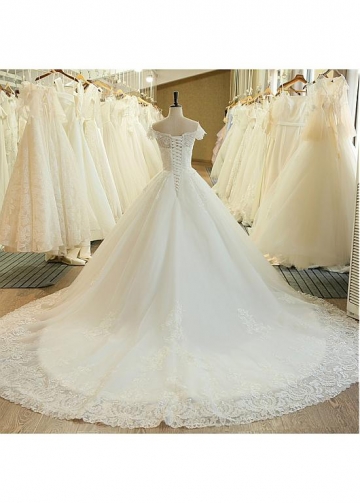 Gorgeous Tulle Off-the-shoulder Neckline A-line Wedding Dress With Lace Appliques & Beadings