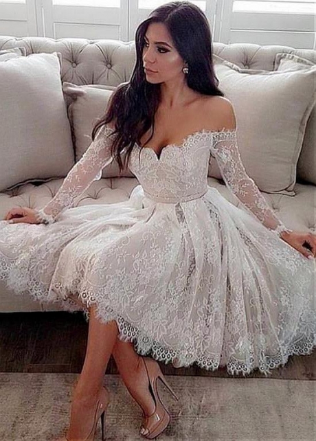 Pretty Lace Off-the-shoulder Neckline Knee-length A-line Wedding Dress With Belt